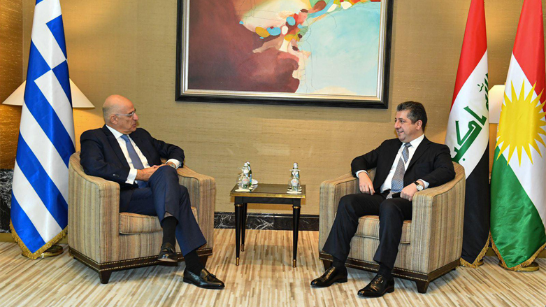 Kurdistan Region Prime Minister Masrour Barzani in meeting with Greece’s Minister of Foreign Affairs Nikos Dendias on the sidelines of Manama Dialogue 2021. Nov. 21, 2021. (Photo: Kurdistan 24)